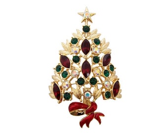 Christmas Tree Brooch Gold Plated Metal Alloy Set With Enamel And Multicoloured Sparkling Swarovski Crystals By JewelAriDesigns