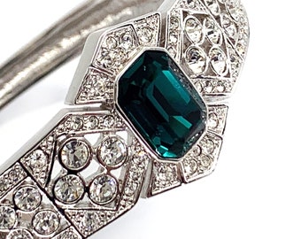 Cuff Bangle Rhodium Plated Metal Alloy Set With Green And Clear Sparkling Czech Crystals By JewelAriDesigns