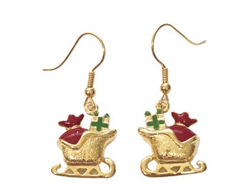 Christmas Santa's Sleigh Earrings Gold Plated Metal Alloy Set With Enamel
