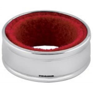 May include: Silver bottle coaster with a red velvet lining. The coaster has a raised edge and a polished finish.