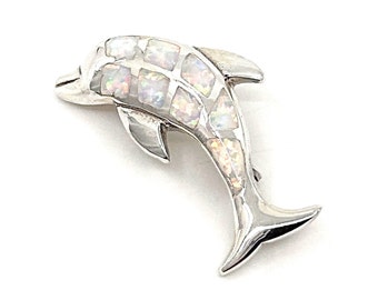 Dolphin Brooch Pin Sterling Silver 925 British Hallmarks Set With White Opal Resin By JewelAriDesigns