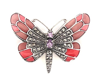 Jugendstil Sterling Silber Schmetterling Brosche, Amethyst, rosa Emaille
