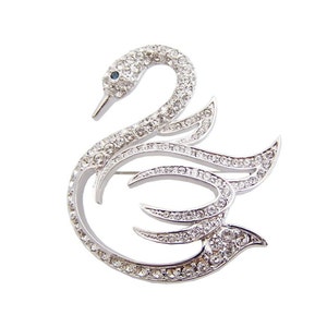 Swan Pin Brooch Rhodium Plated Metal Alloy Set With Sparkling Czech Crystals By JewelAriDesigns