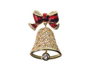 Christmas Bell Pin Brooch Gold Plated Metal Alloy Set With Enamel And Sparkling Czech Crystals By JewelAriDesigns