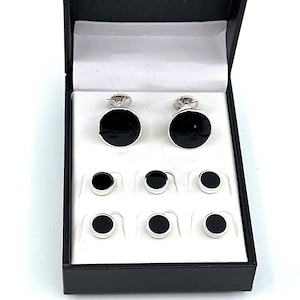 Cufflinks And Six Studs Dress Shirt Set 925 Sterling Silver English Hallmarks Set With Onyx By JewelAriDesigns