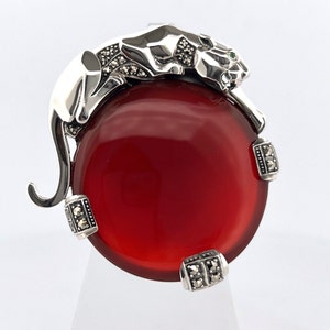 Panther Pin Brooch Art Deco Style 925 Sterling Silver English Hallmarks Set With Red Agate Marcasite And Emerald Eyes By JewelAriDesigns