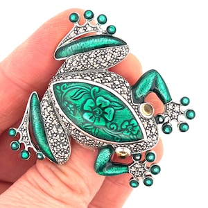 Frog Pin Brooch Art Nouveau Style 925 Sterling Silver English Hallmarks Set With Enamel And Marcasite By JewelAriDesigns