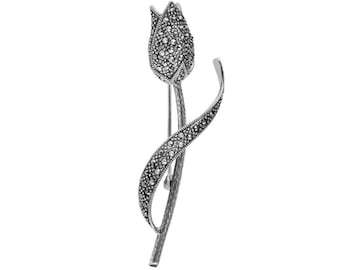 Tulip Pin Brooch Art Nouveau Style 925 Sterling Silver English Hallmarks Set With Marcasite By JewelAriDesigns