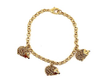 Hedgehog Charm Bracelet Gold Plated Metal Alloy Set With Sparkling Czech Crystals By JewelAriDesigns