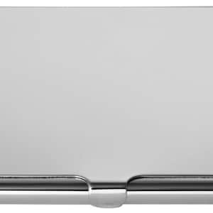 May include: A silver metal business card holder with a smooth, polished finish.