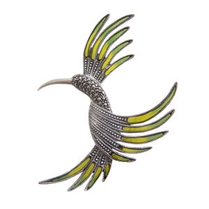 Hummingbird Pin Brooch Art Deco Style 925 Sterling Silver English Hallmarks Set With Enamel And Marcasite By JewelAriDesigns