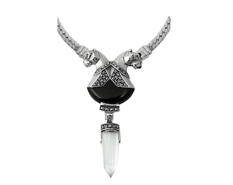 Double Headed Panther Necklace Art Deco Style 925 Sterling Silver Set With Onyx Marcasite Emerald Eyes And Clear Crystal By JewelAriDesigns