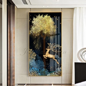 New Chinese style golden elk landscape wall art painting for entry entrance, crystal wall art, Chinese porcelain, Nordic golden decoration