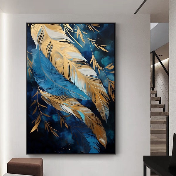 Printable art, gold feathers with blue backgrounds, dark turquoise and light navy, luxurious fabrics, dark sky-blue and white, airbrush art