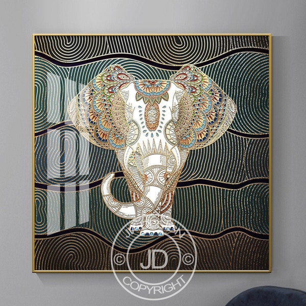 Peinture d’éléphant en porcelaine de cristal, illustration symétrique de géométrie, totem animal, illustration de bureau de luxe, impression encadrée carrée, décor de cru