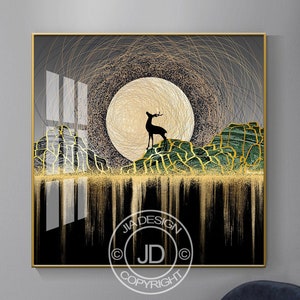 Luxus Wandkunst für Hotel, Büro, Wohnzimmer, Gold Dekor, benutzerdefinierte Wandkunst druckbar, quadratischer Druck, Großer Mond, Elch am Berg, schwarz