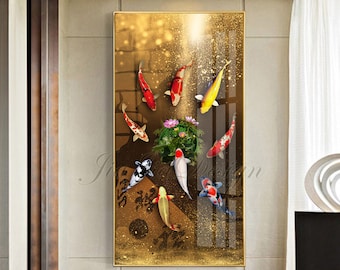 Koi fish wall art poster, Modern home decor, large wall picture, wall paper, Koi fish painting, Feng Shui cavnas painting, for living room