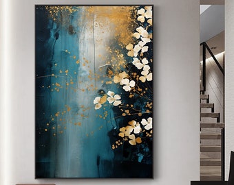 印刷可能な金と青緑の抽象画、繊細な花、濃い白と濃い青、エレガントな