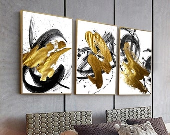 BLATTGOLD Abstrakt Leinwand Bilder Schwarz Gold Blatt Kunstdruck Wandbild 3D NEU 