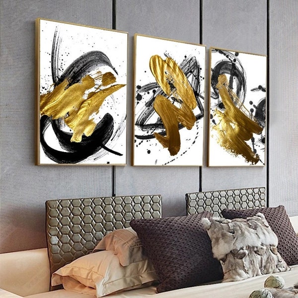 Set of 3 Printable Abstract Golden Sand Canvas Art, Luxury Wall Art for Living Room Cuadros Salon Tableaux 3D Effect, Gold Poster Print