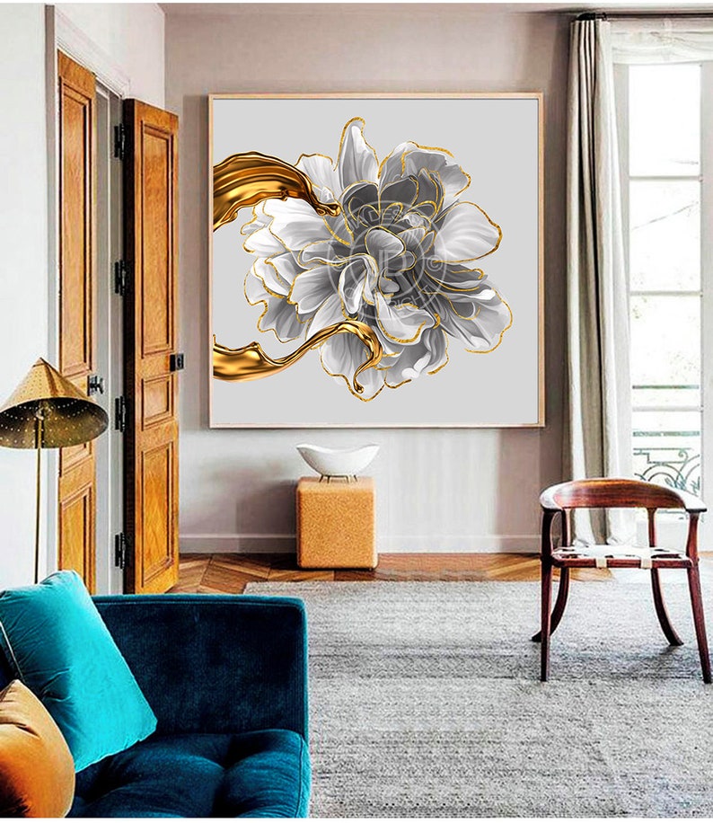 Golden Flower, Metal Flower Wall Art Printable, Gold & Light Floral ...