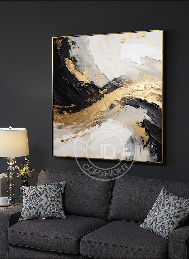 An Abstract Black and Gold Painting With a Wavey Texture, in the Style ...