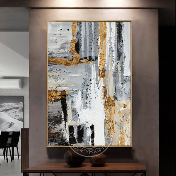 Abstract Large oil canvas painting printable, interplay of strokes in a palette of brown, black, and gray with highlights of metallic gold