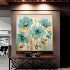 Abstract oil painting with blue flowers and gold leaves on beige, dark teal and gold, limited color range, light turquoise, floral painting