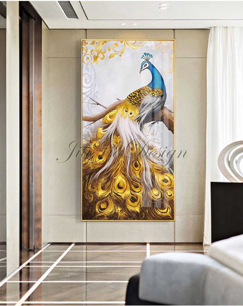 Luxury Peacock with Gold foil effect, golden brid, wealth horizon wall art printable, golden peacock decor, peacocik feather realistic style