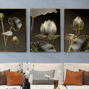 set of 3 abstract Lotus printable, Black gold interior art, Luxury painting, gold foil high end home decor, sofa background, large wall art
