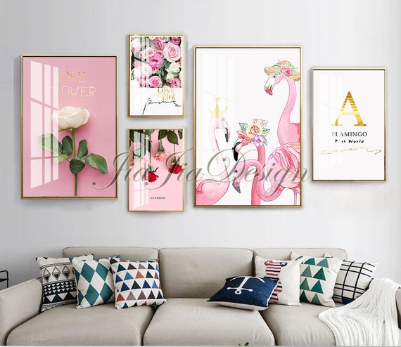 5 Panel Wall Arts Printable Pink Flowers Flamingo Photo Wall | Etsy