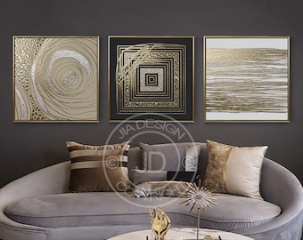 Luxury Gold Silver Series, 3 Sets Vintage Chassical Gold Bronze Home Decor Nordic Canvas Wall Art Printable, Digital Print Poster, Square