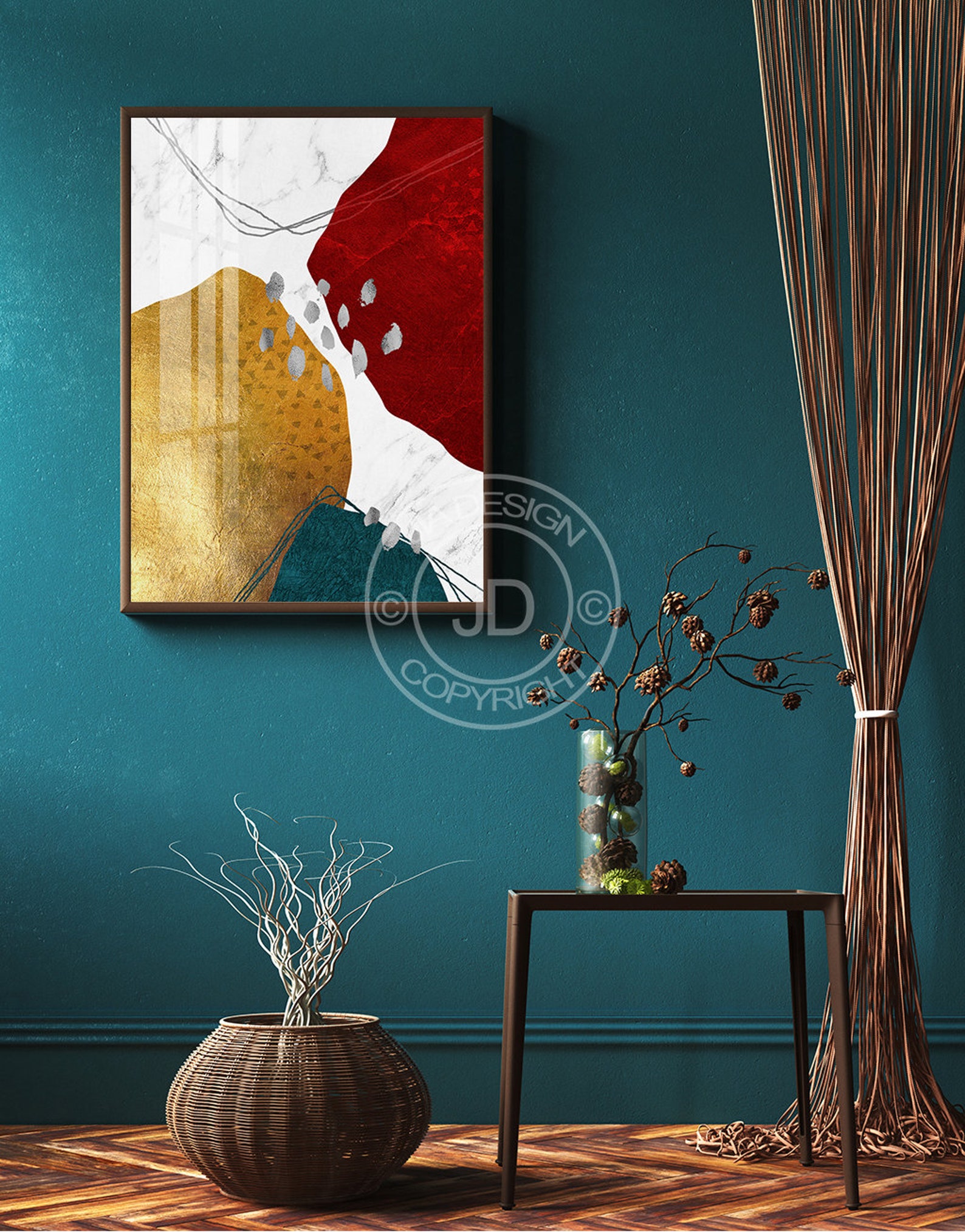 Abstract Teal Red Wall Art Prints Digital Download Color Etsy