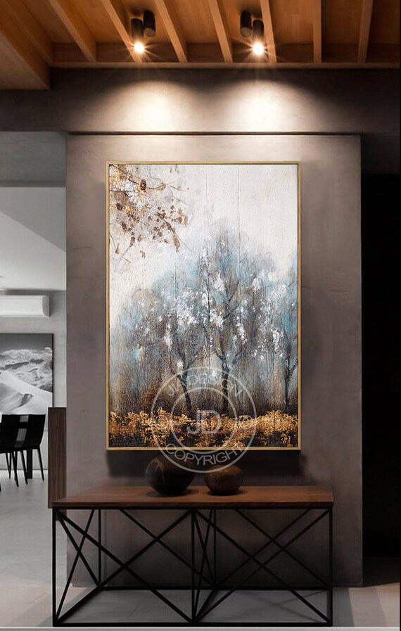Hand Painted Canvas Wall Art printable, golden leaves against soft background, beautiful oil painting for a touch of a nature indoors