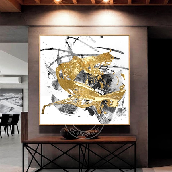 Abstract Expressionism Painting, Splash Gold and black brushes texture wall art printable, luxury digital download, Oriental art