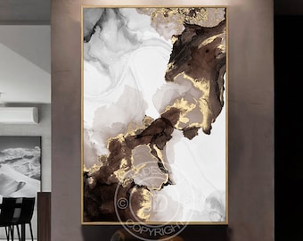 Modern fluid art, ink pattern, abstract alcohol ink technique black and gold, luxury background, closeup of the paint, colorful artwork