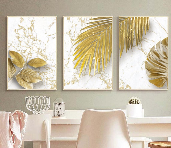 Set of 3 golden leaves with marble background wall art printable, gold leaf, botanical artwork, luxury home decor, sofa background, fashion