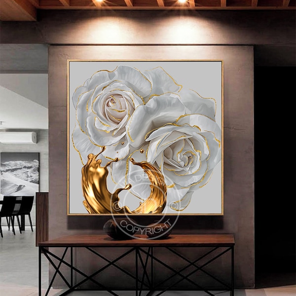 Metal Flower wall art printable, Golden flower, Gold & Light Floral White Floral and Botanical, White Gold Peony Floral artwork Square print