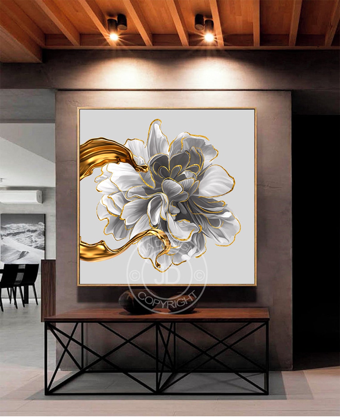 Golden flower Metal Flower wall art printable Gold & Light Etsy