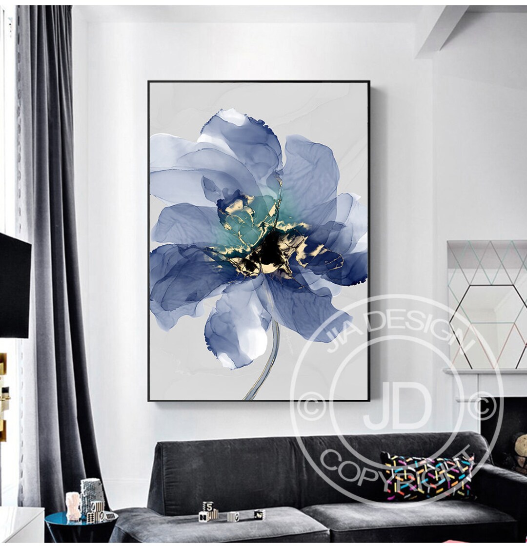 Marble Navy Blue Fluid Art, Watercolor Large Flower Printable, Modern ...
