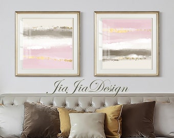 Abstract Pink painting, Grey White with Gold foil effect, square printable for framing, lovely color, interior design, luxury painting