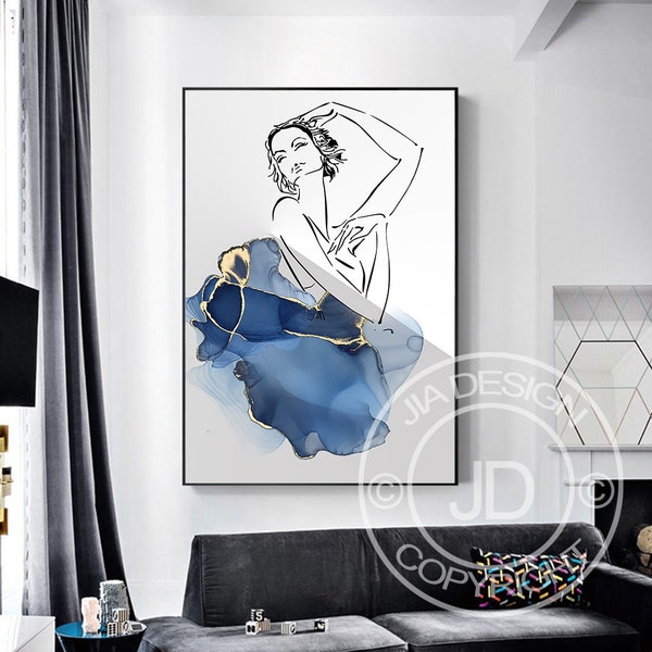 Aquarelle abstraite de croquis Dame élégante, robe bleue marine, cygne blanc, décoration, ballerine, danseur de ballet, femme, illustration de jeune fille