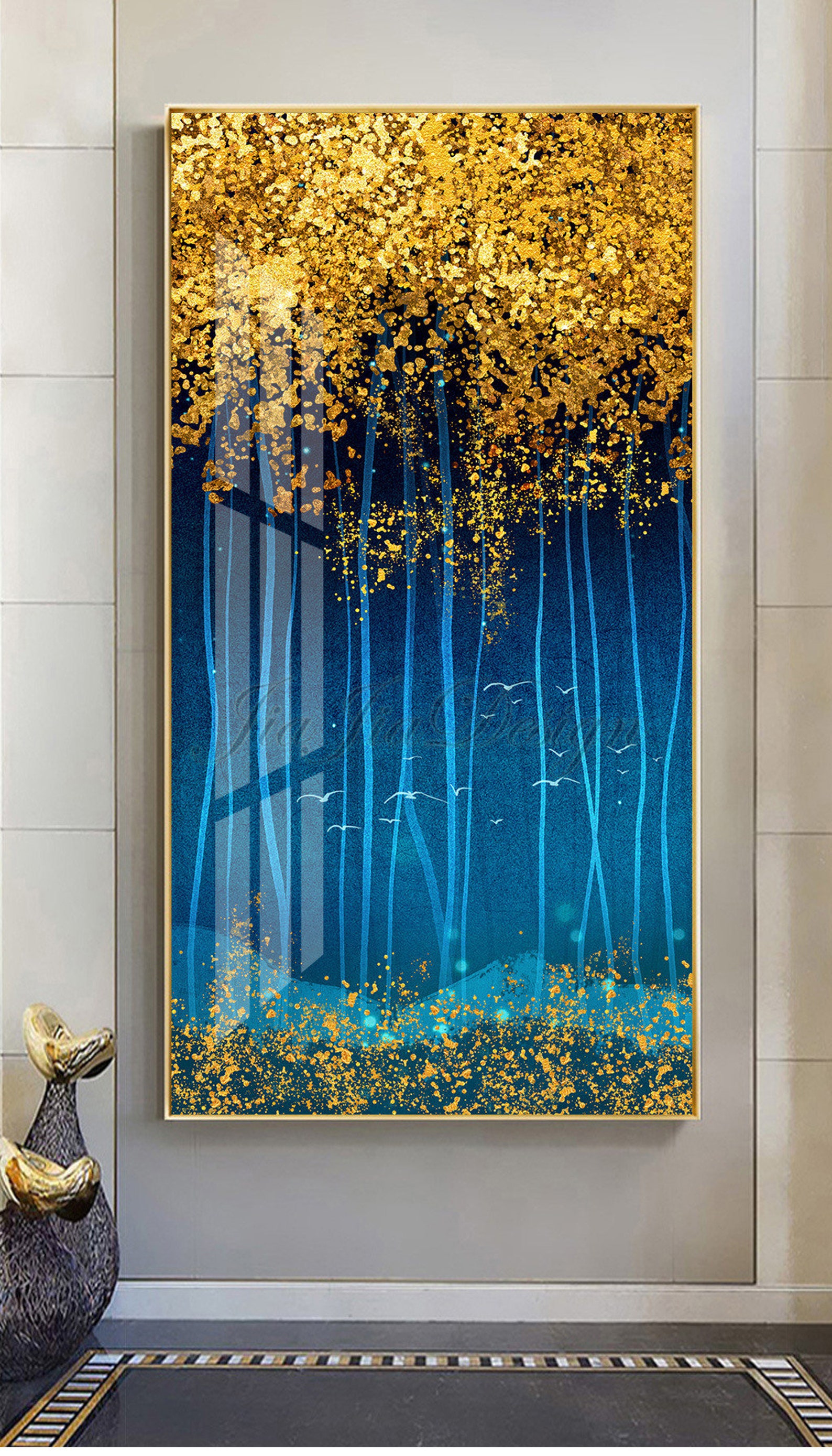 Printable Abstract Gold Foil Tree Painting, Oil on Canvas, Golden Mural, Bedroom Wall Art