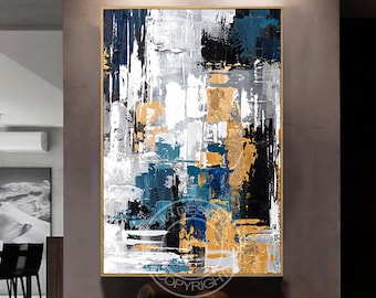 Abstract large wall art printable, gorgeous design Bold brushstrokes in a palette of deep blue, black and white accentuated by metallic gold