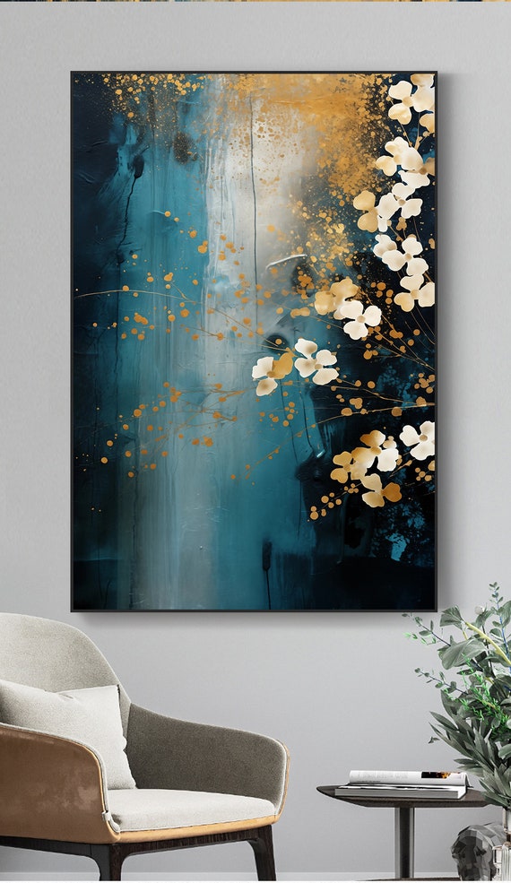 印刷可能な金と青緑の抽象画、繊細な花、濃い白と濃い青、エレガントな