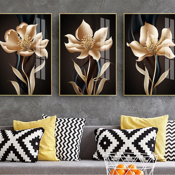 3 piece gold flower print pictures, wall art for home decor, poster canvas painting, wall pictures, Abstract black golden flower wall art