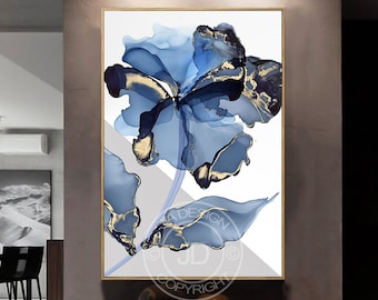Abstract watercolor blue flower with Gold foil and black painting, printable,  home decor, instant download printable for living room