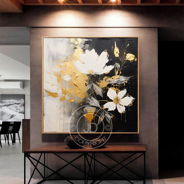 Abstract large painting of white flowers with black and gold color splatter & drips, timeless artistry, golden palette, flower gold painting