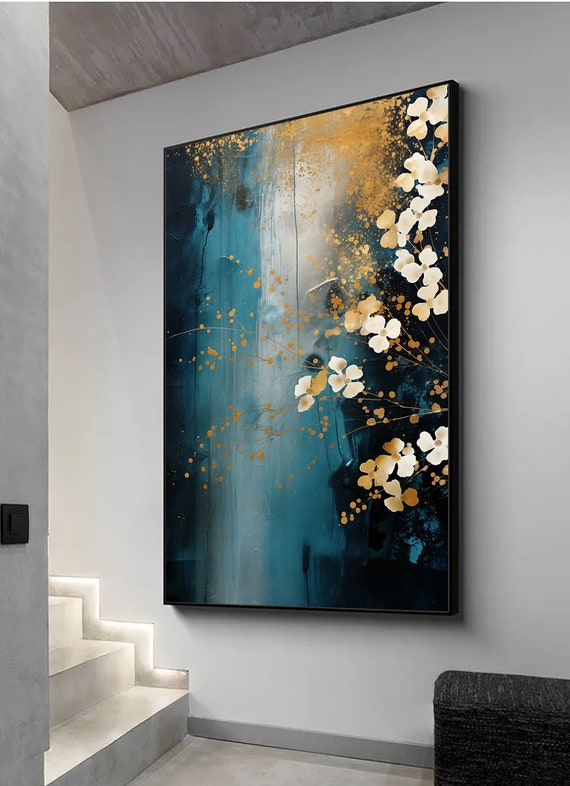 印刷可能な金と青緑の抽象画、繊細な花、濃い白と濃い青、エレガントな