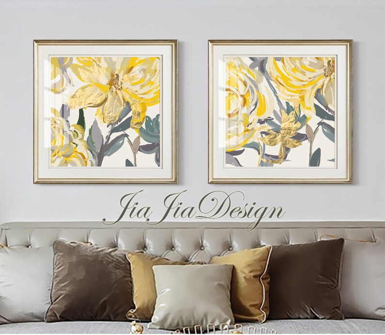 2 Pieces Abstract Flowers High Res Wall Art Printable Yellow Etsy